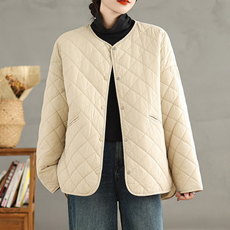 Women's Buttons Design Cotton Thermal Diamond-quilted Long Sleeve Jacket With Pockets