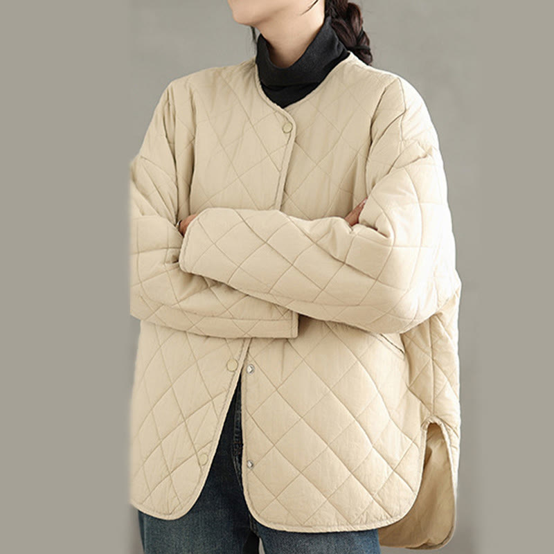 Women's Buttons Design Cotton Thermal Diamond-quilted Long Sleeve Jacket With Pockets