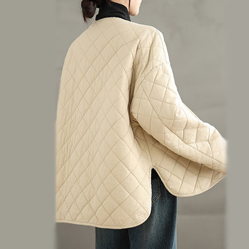 Women's Buttons Design Cotton Thermal Diamond-quilted Long Sleeve Jacket With Pockets