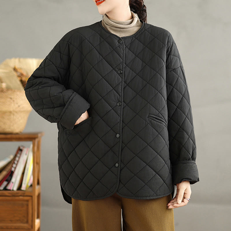 Women's Buttons Design Cotton Thermal Diamond-quilted Long Sleeve Jacket With Pockets