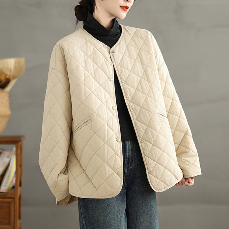 Women's Buttons Design Cotton Thermal Diamond-quilted Long Sleeve Jacket With Pockets