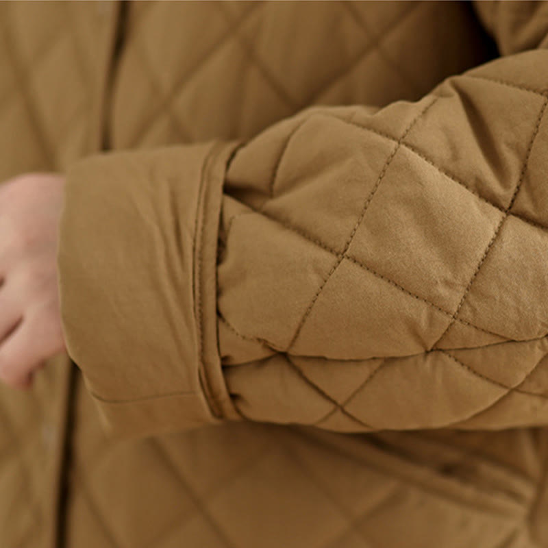 Women's Buttons Design Cotton Thermal Diamond-quilted Long Sleeve Jacket With Pockets