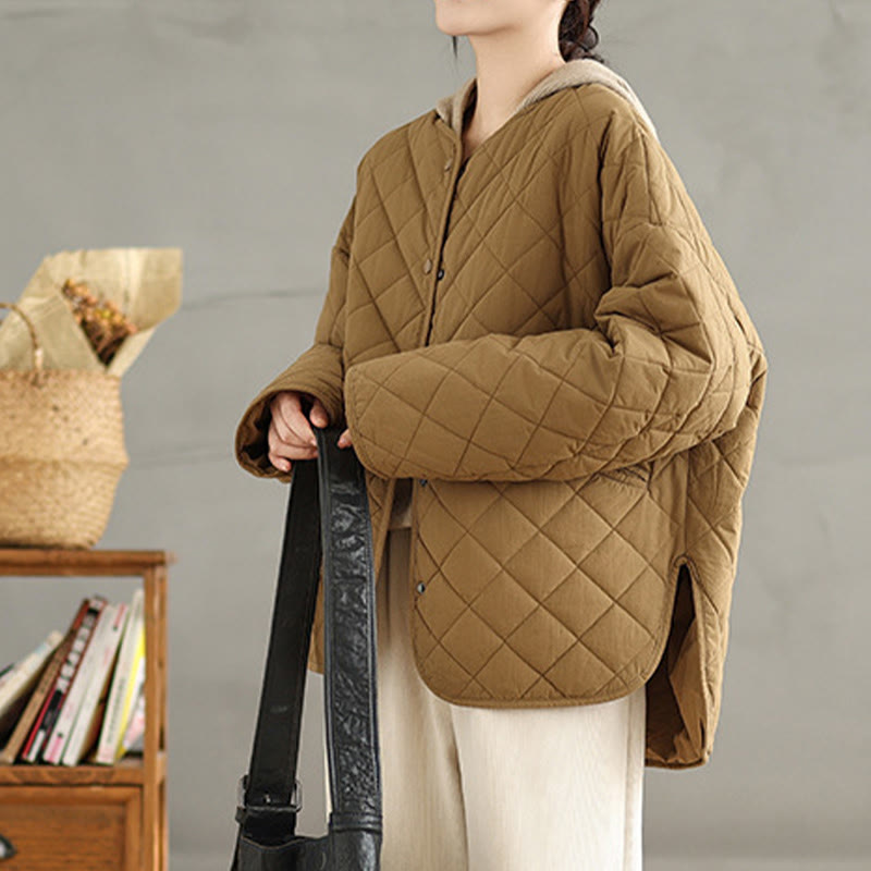 Women's Buttons Design Cotton Thermal Diamond-quilted Long Sleeve Jacket With Pockets