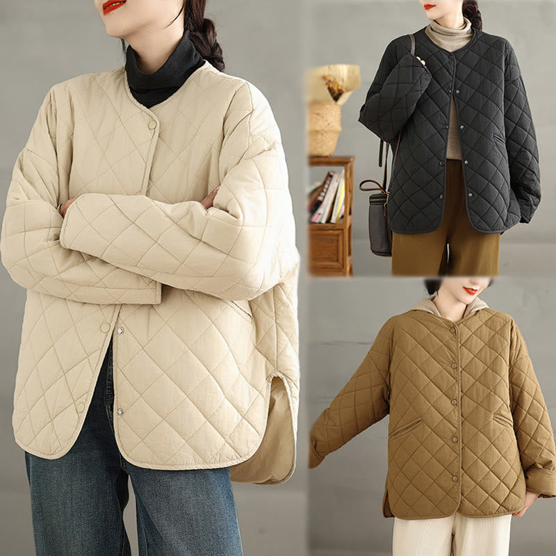 Women's Buttons Design Cotton Thermal Diamond-quilted Long Sleeve Jacket With Pockets