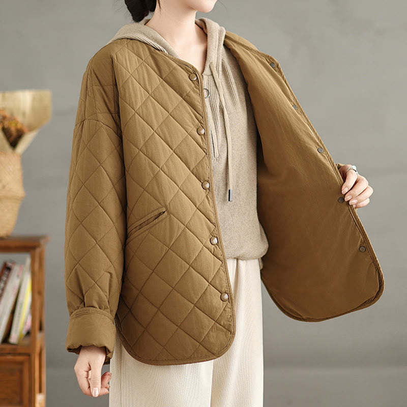 Women's Buttons Design Cotton Thermal Diamond-quilted Long Sleeve Jacket With Pockets