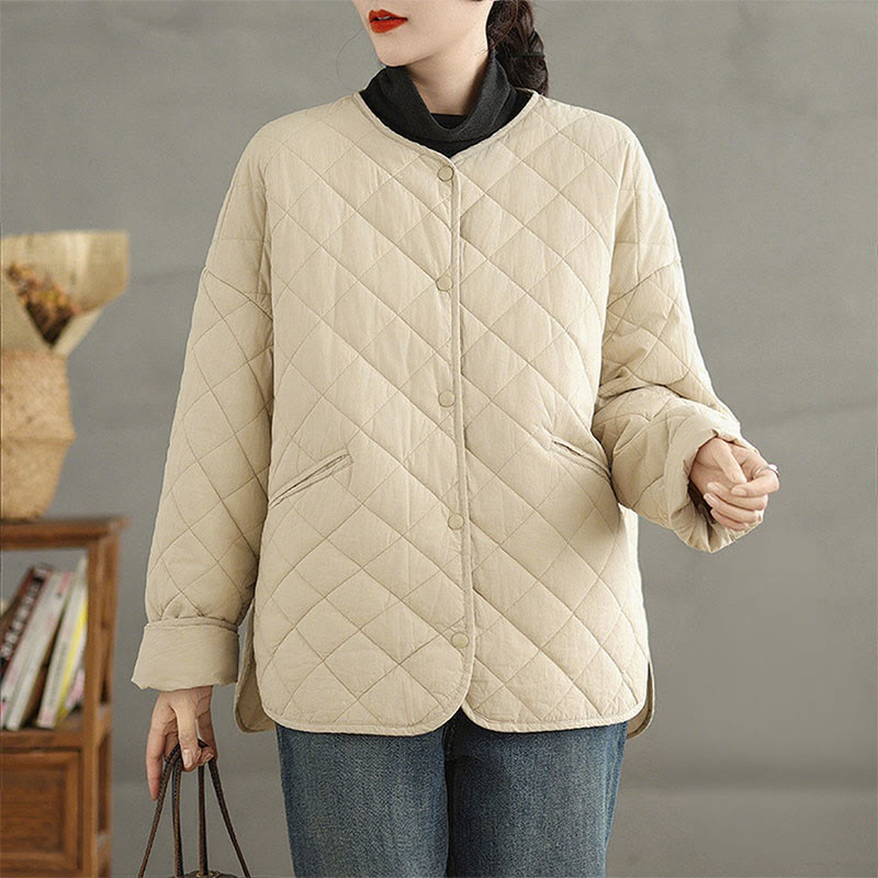 Women's Buttons Design Cotton Thermal Diamond-quilted Long Sleeve Jacket With Pockets