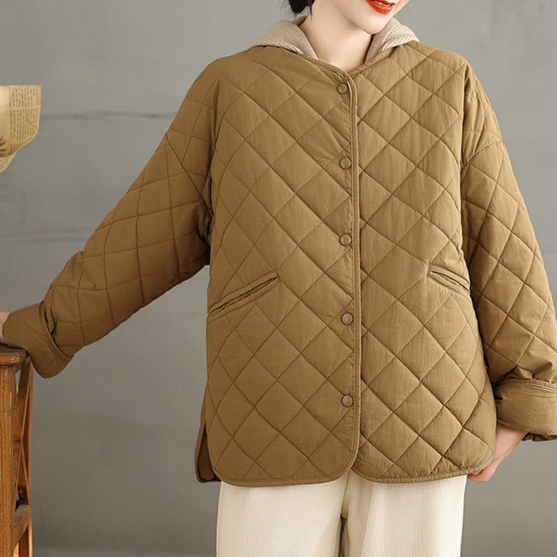 Women's Buttons Design Cotton Thermal Diamond-quilted Long Sleeve Jacket With Pockets