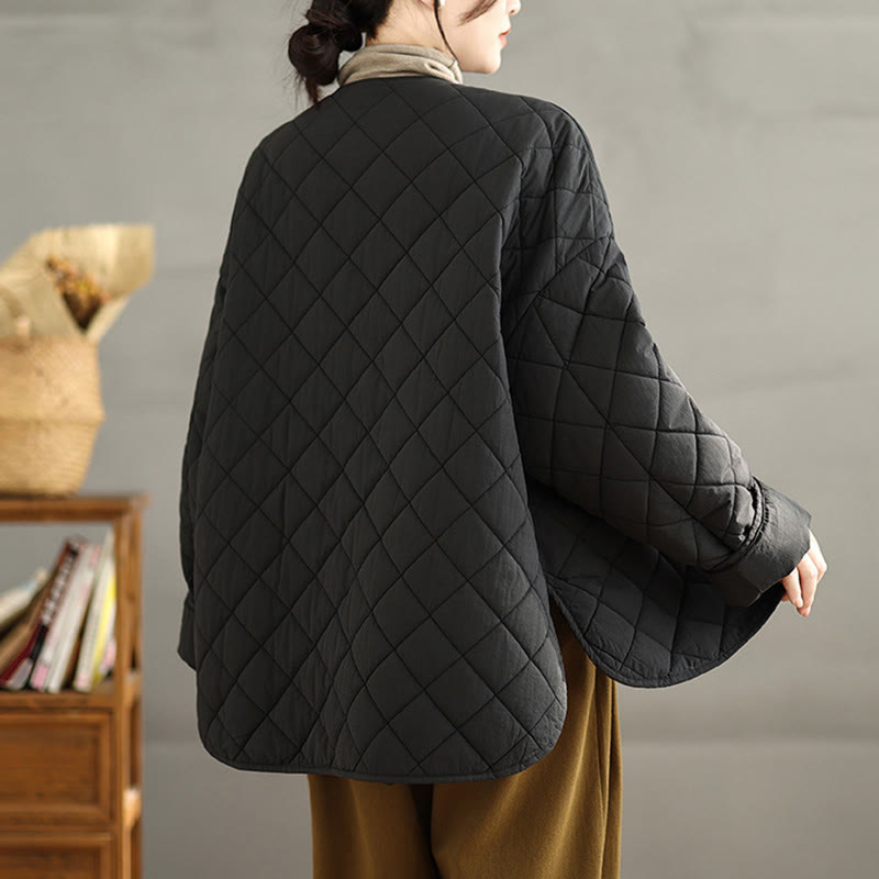 Women's Buttons Design Cotton Thermal Diamond-quilted Long Sleeve Jacket With Pockets