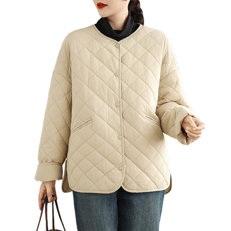 Women's Buttons Design Cotton Thermal Diamond-quilted Long Sleeve Jacket With Pockets
