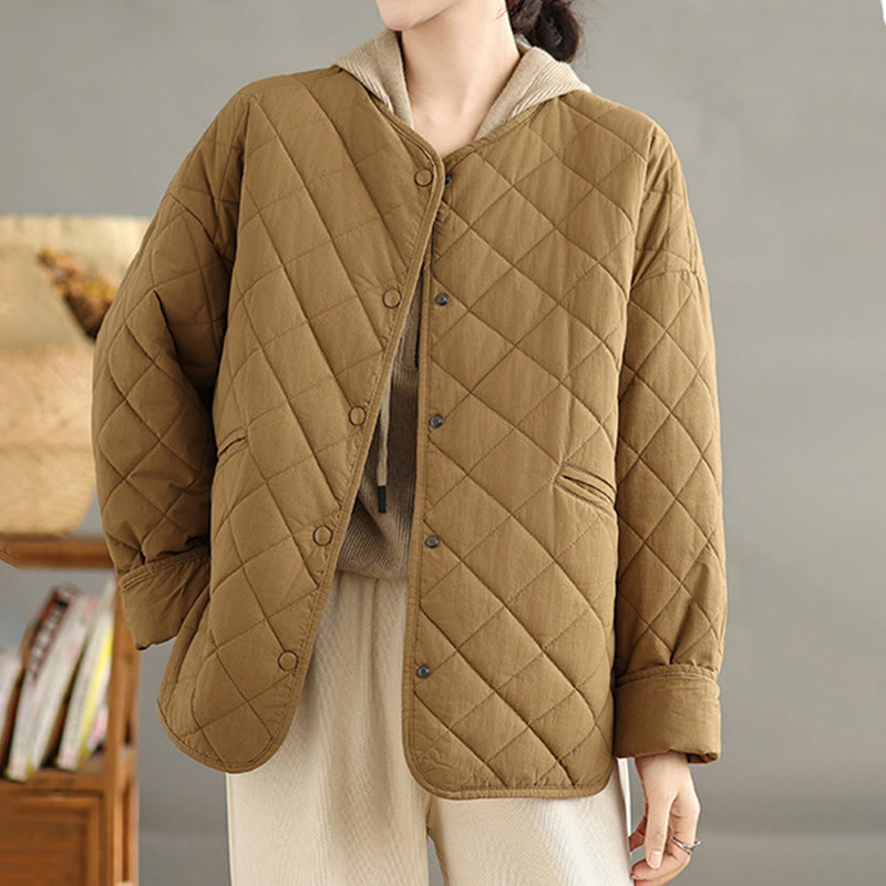 Women's Buttons Design Cotton Thermal Diamond-quilted Long Sleeve Jacket With Pockets