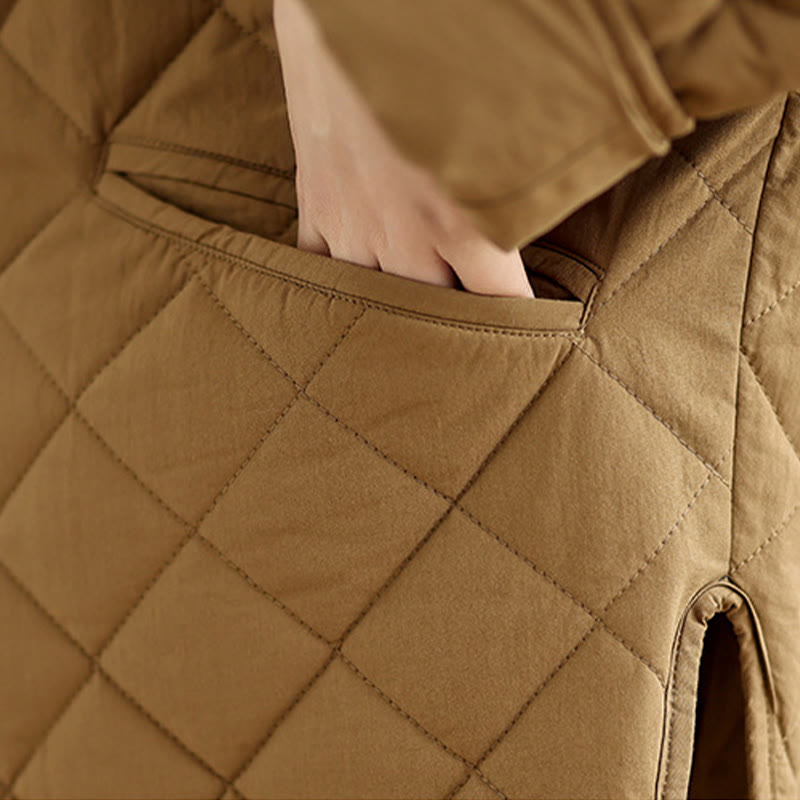 Women's Buttons Design Cotton Thermal Diamond-quilted Long Sleeve Jacket With Pockets