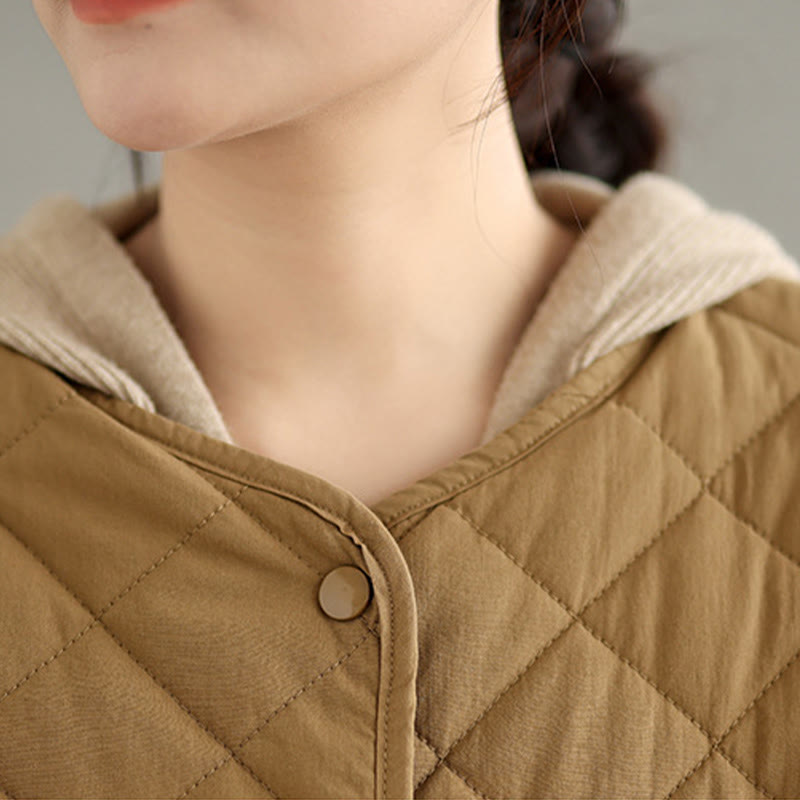 Women's Buttons Design Cotton Thermal Diamond-quilted Long Sleeve Jacket With Pockets