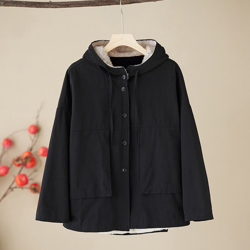 Women's Plain Long Sleeve Hoodie Cotton Thermal Fleece-Lined Jacket With Pockets