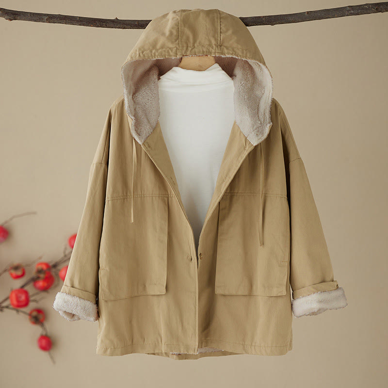 Women's Plain Long Sleeve Hoodie Cotton Thermal Fleece-Lined Jacket With Pockets