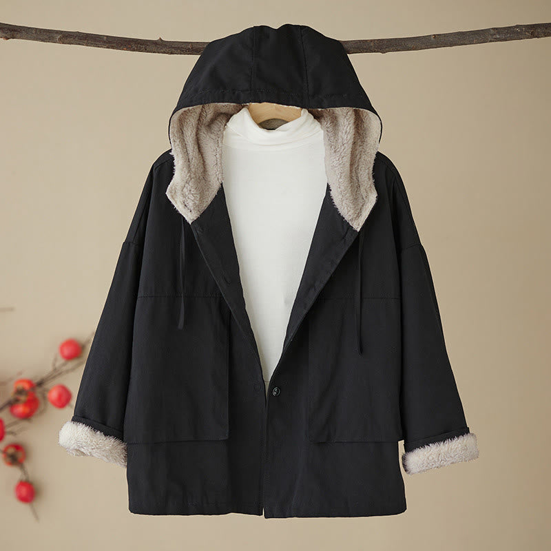 Women's Plain Long Sleeve Hoodie Cotton Thermal Fleece-Lined Jacket With Pockets