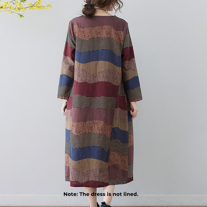 Tactile Cotton Linen Striped Long Sleeve Midi Dress with Pockets