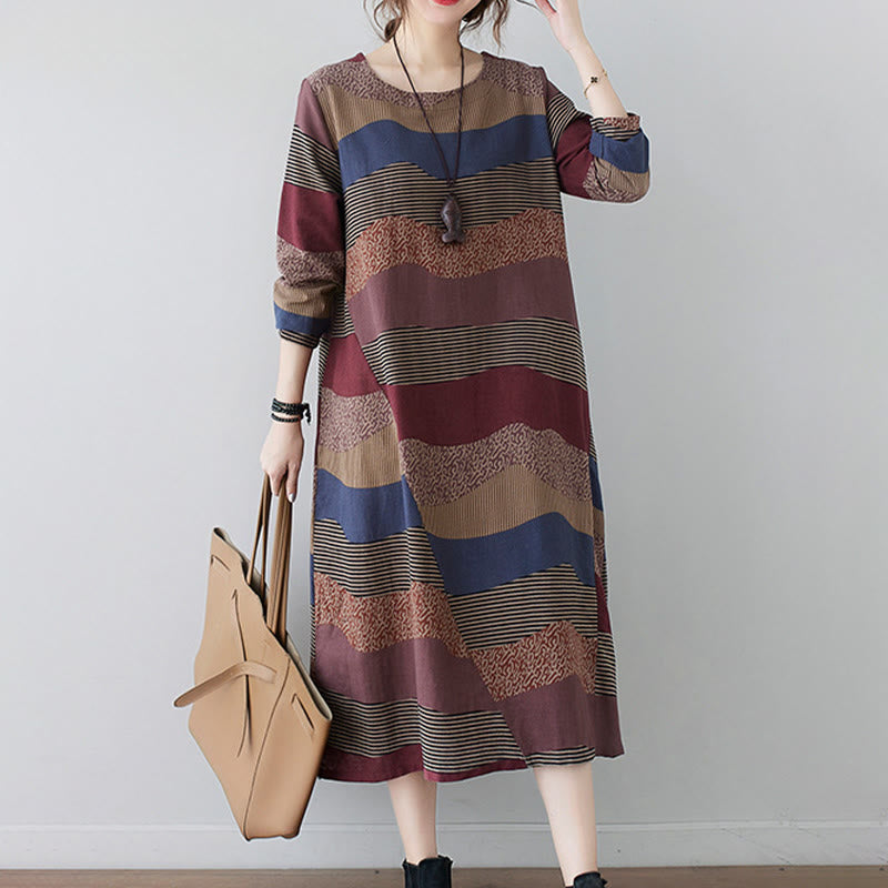 Tactile Cotton Linen Striped Long Sleeve Midi Dress with Pockets