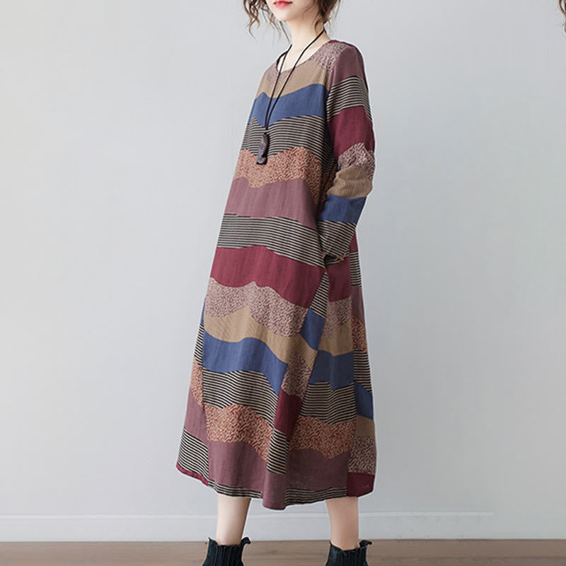 Tactile Cotton Linen Striped Long Sleeve Midi Dress with Pockets
