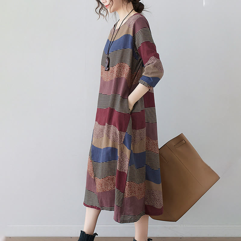 Tactile Cotton Linen Striped Long Sleeve Midi Dress with Pockets