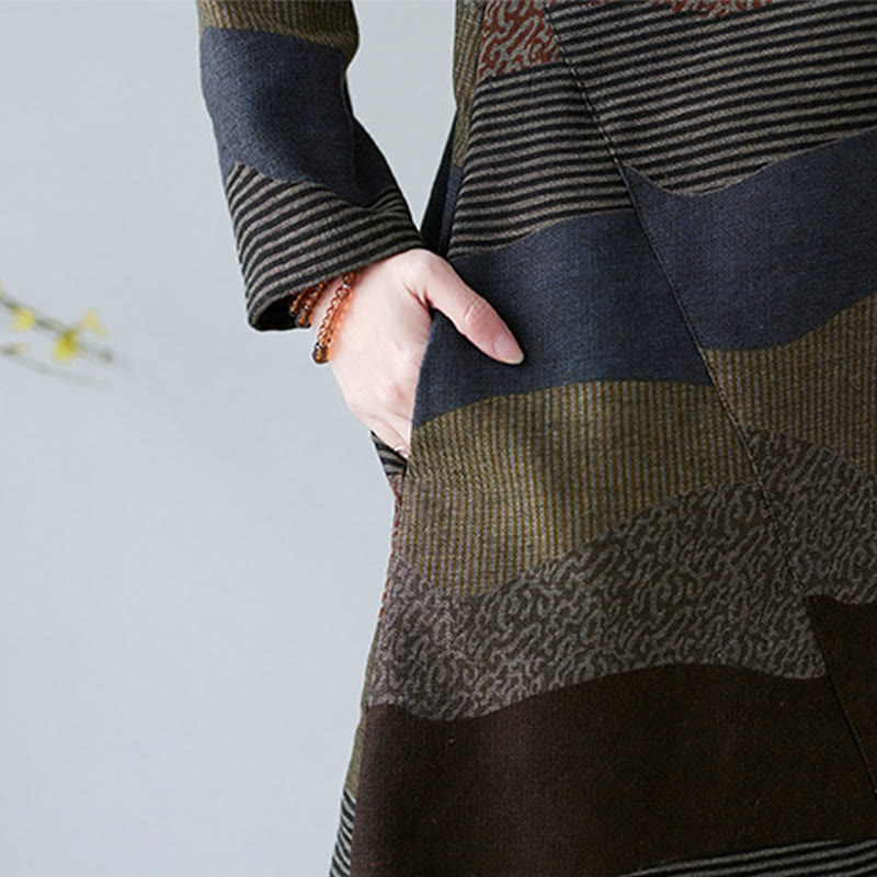 Tactile Cotton Linen Striped Long Sleeve Midi Dress with Pockets
