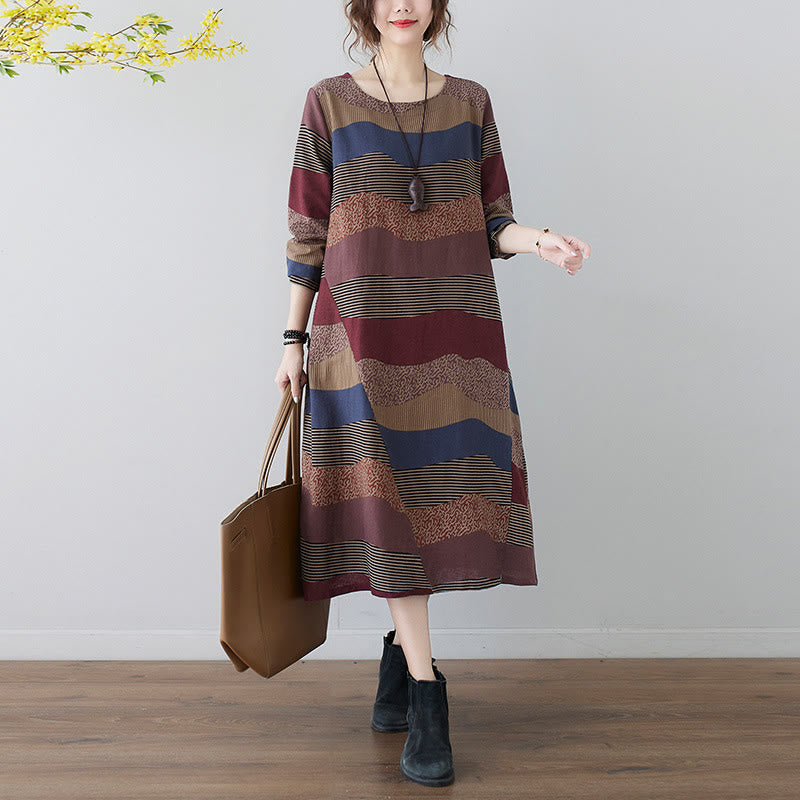 Tactile Cotton Linen Striped Long Sleeve Midi Dress with Pockets