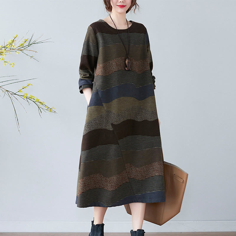 Tactile Cotton Linen Striped Long Sleeve Midi Dress with Pockets