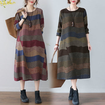 Tactile Cotton Linen Striped Long Sleeve Midi Dress with Pockets