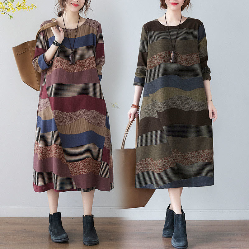Tactile Cotton Linen Striped Long Sleeve Midi Dress with Pockets
