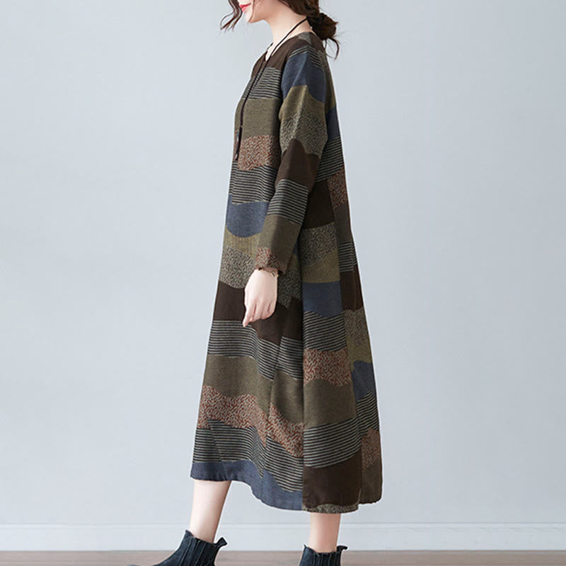 Tactile Cotton Linen Striped Long Sleeve Midi Dress with Pockets