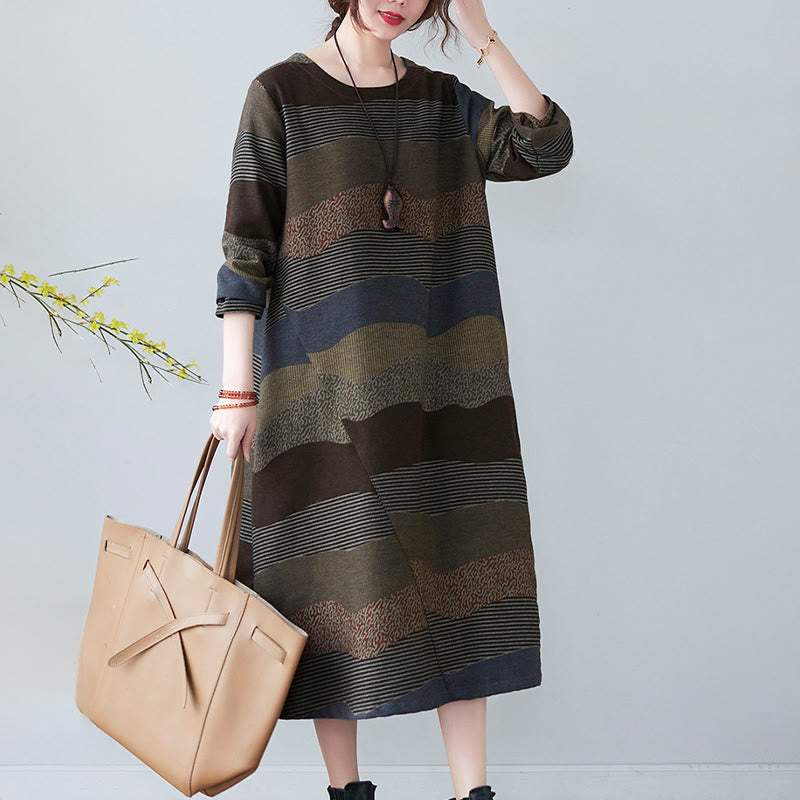 Tactile Cotton Linen Striped Long Sleeve Midi Dress with Pockets