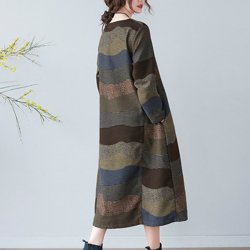 Tactile Cotton Linen Striped Long Sleeve Midi Dress with Pockets