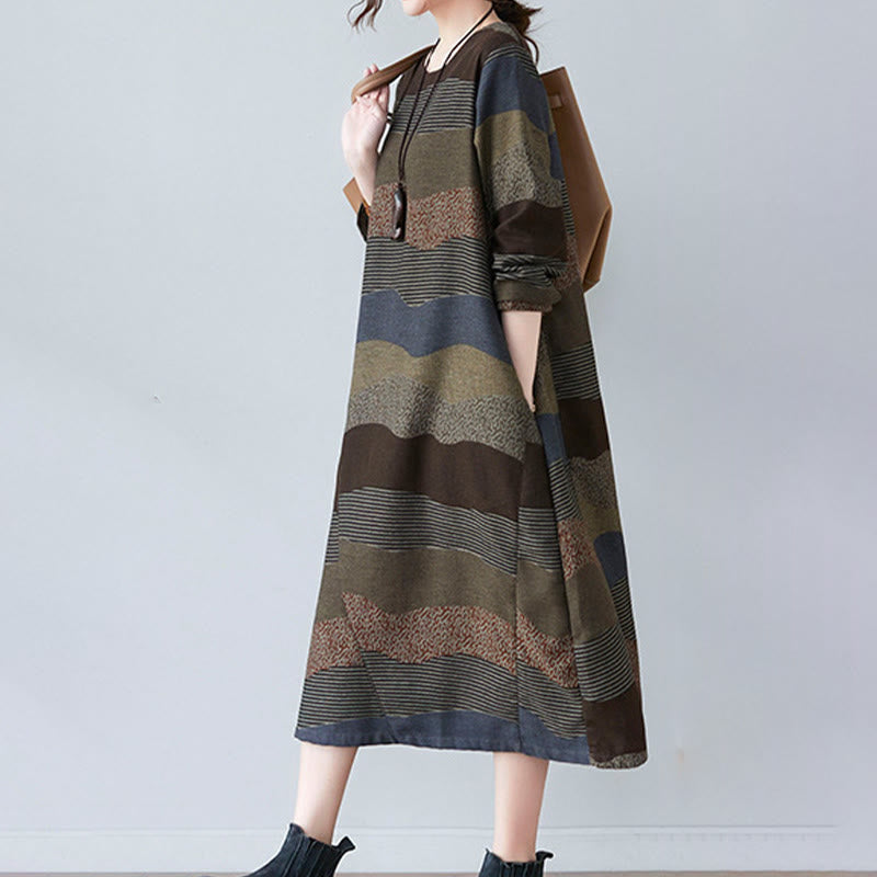 Tactile Cotton Linen Striped Long Sleeve Midi Dress with Pockets