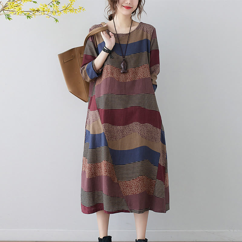 Tactile Cotton Linen Striped Long Sleeve Midi Dress with Pockets