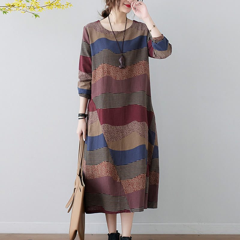 Tactile Cotton Linen Striped Long Sleeve Midi Dress with Pockets