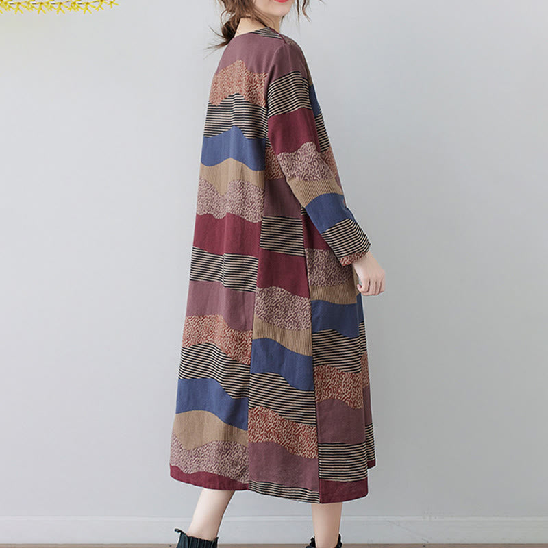 Tactile Cotton Linen Striped Long Sleeve Midi Dress with Pockets
