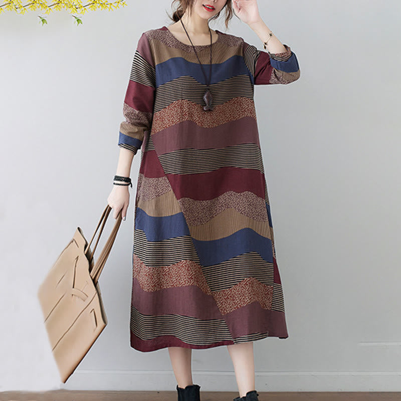 Tactile Cotton Linen Striped Long Sleeve Midi Dress with Pockets