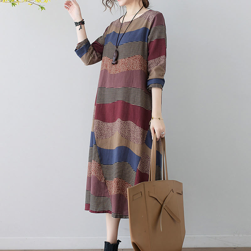 Tactile Cotton Linen Striped Long Sleeve Midi Dress with Pockets