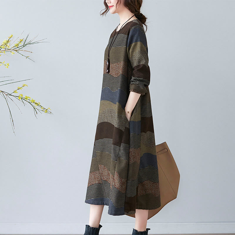 Tactile Cotton Linen Striped Long Sleeve Midi Dress with Pockets