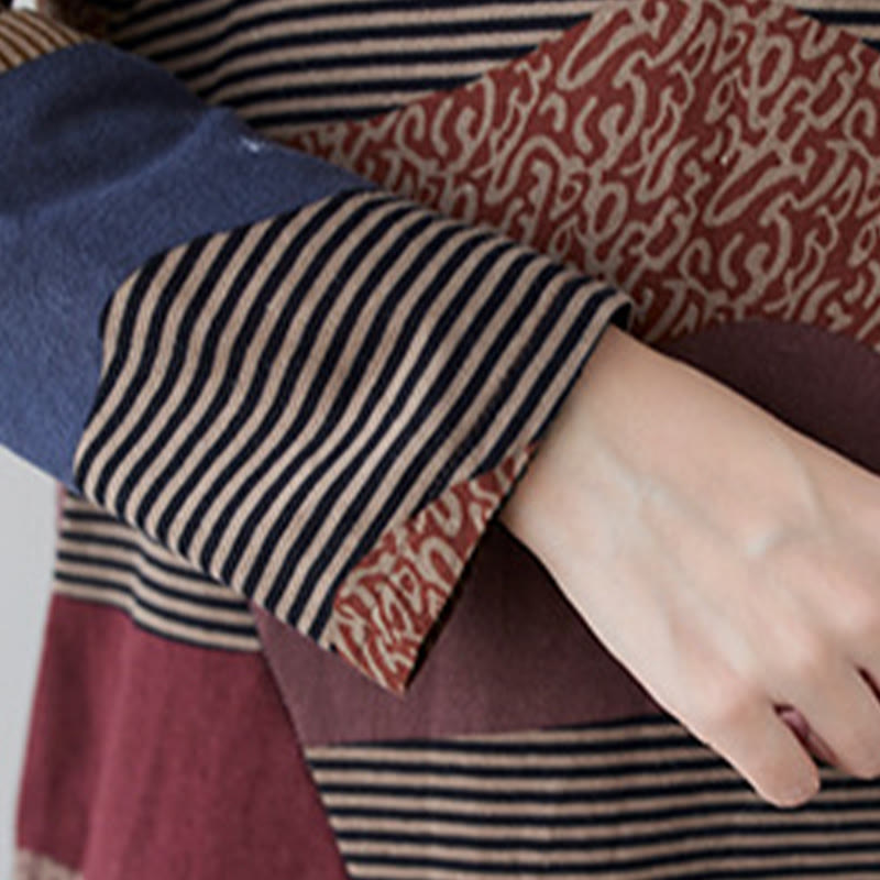 Tactile Cotton Linen Striped Long Sleeve Midi Dress with Pockets