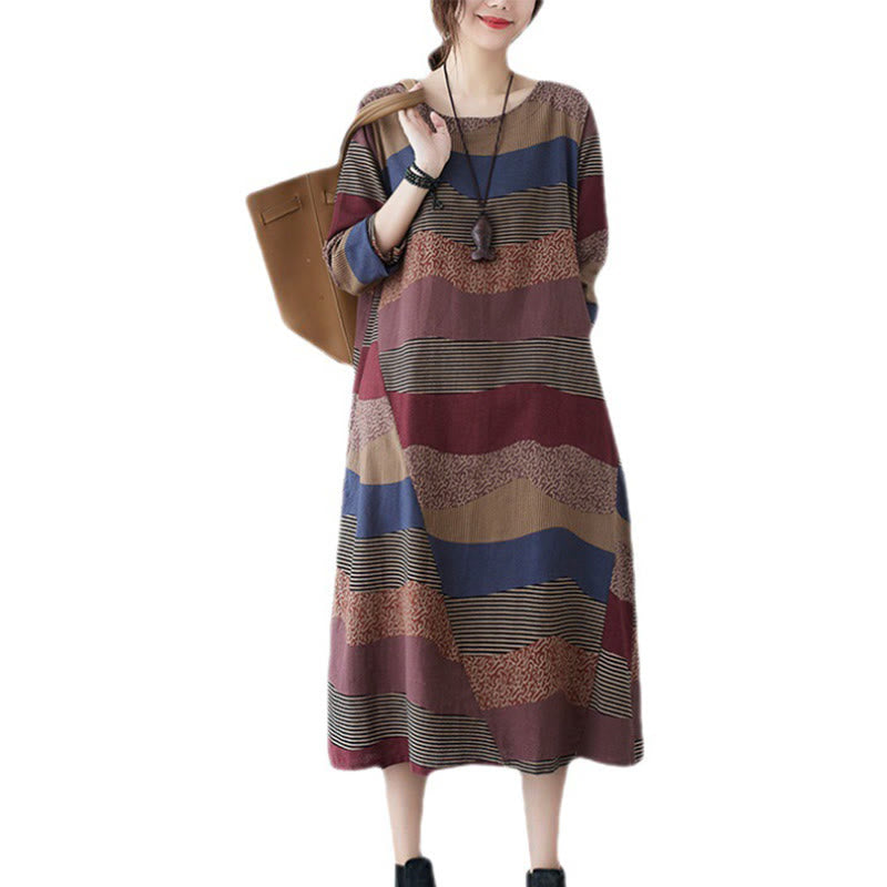 Tactile Cotton Linen Striped Long Sleeve Midi Dress with Pockets
