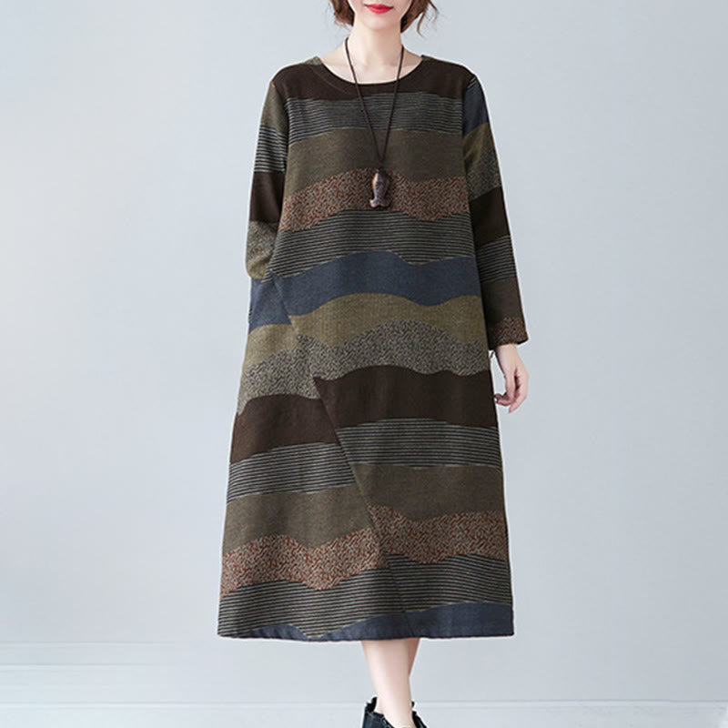 Tactile Cotton Linen Striped Long Sleeve Midi Dress with Pockets
