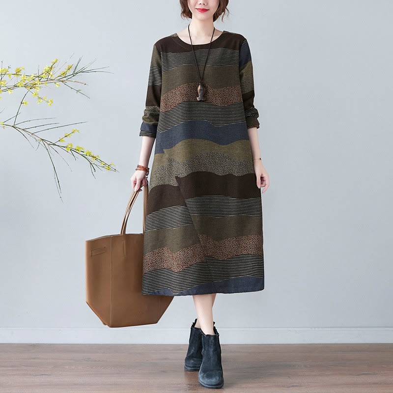 Tactile Cotton Linen Striped Long Sleeve Midi Dress with Pockets