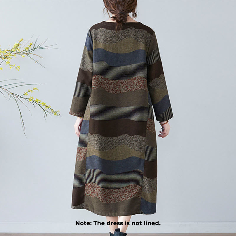 Tactile Cotton Linen Striped Long Sleeve Midi Dress with Pockets