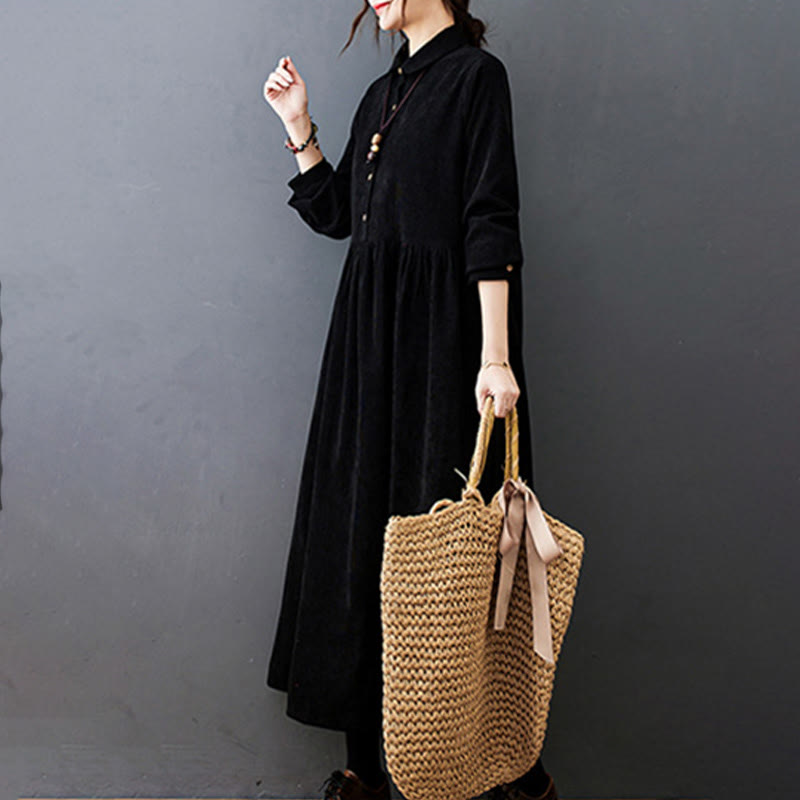 Textured Cotton Corduroy Long Sleeve Mindful Midi Dress