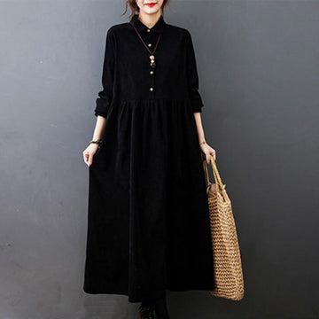 Textured Cotton Corduroy Long Sleeve Mindful Midi Dress