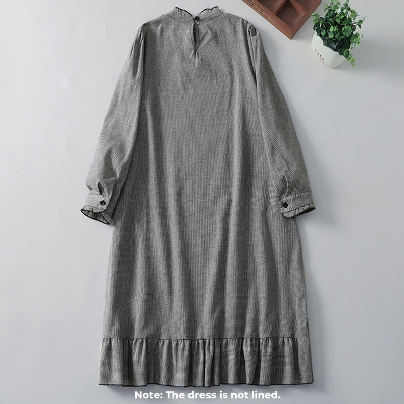 Tactile Cotton Plaid Stand-Collar Grounding Midi Dress