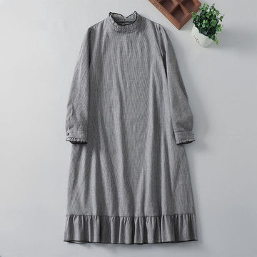 Tactile Cotton Plaid Stand-Collar Grounding Midi Dress