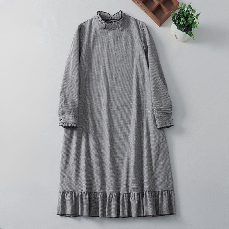 Tactile Cotton Plaid Stand-Collar Grounding Midi Dress