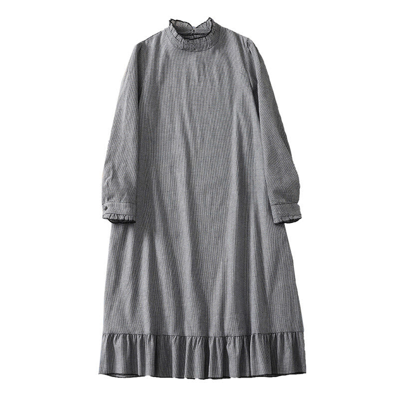 Tactile Cotton Plaid Stand-Collar Grounding Midi Dress