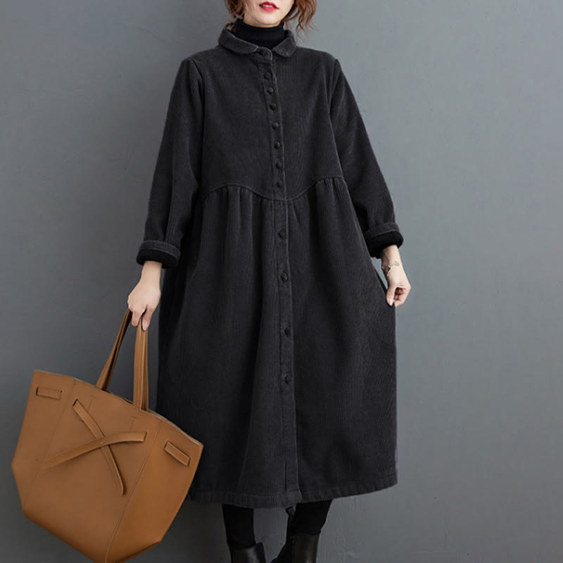 Plain Buttons Long Sleeve Women's Cotton Corduroy Fleece-Lined Coat With Pockets